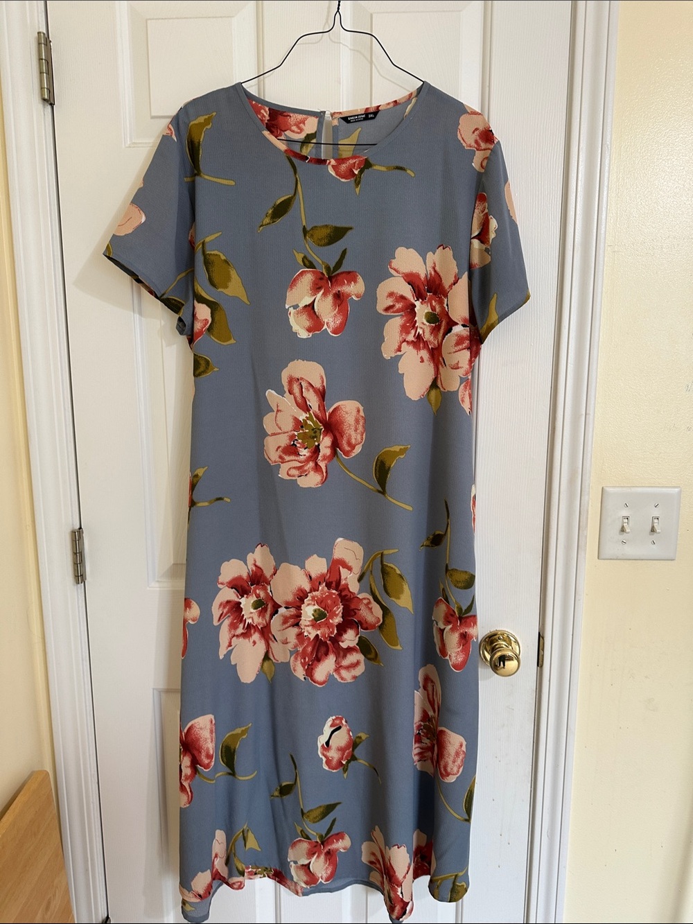 Floral Short-Sleeve A-Line Dress in Slate Blue
